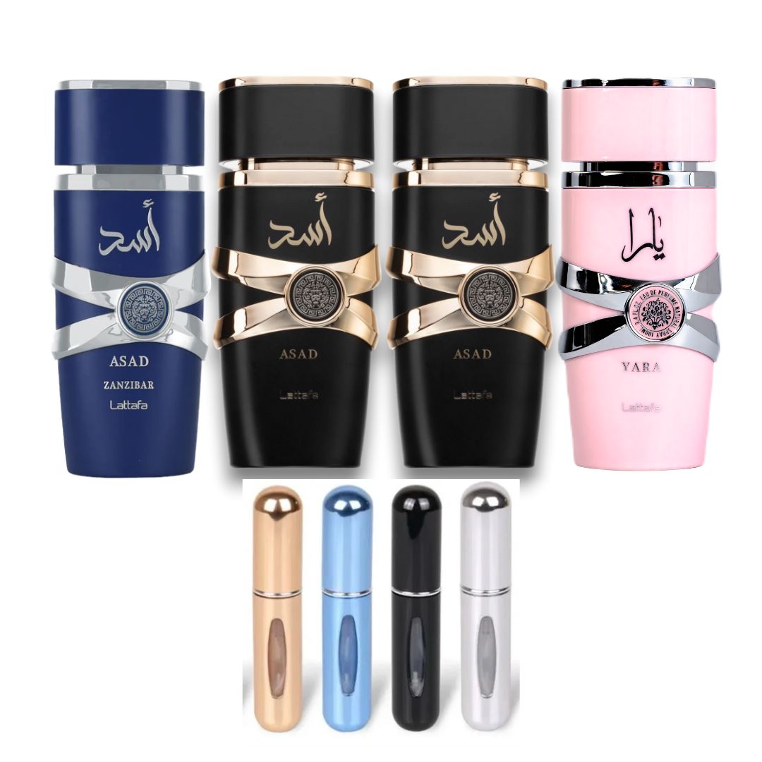 Kit Zanzibar + Asad (2x) + Yara + 4 Perfumero Recargables – Elegancia en Cada Spray